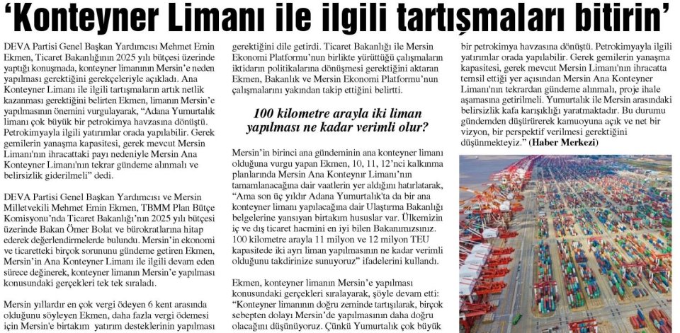 'KONTEYNER LİMANI İLE İLGİLİ TARTISMALARI BİTİRİN'
