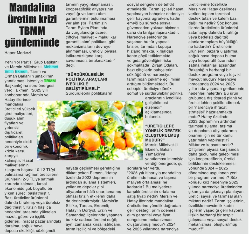 MANDALİNA ÜRETİM KRİZİ MECLİS GÜNDEMİNDE