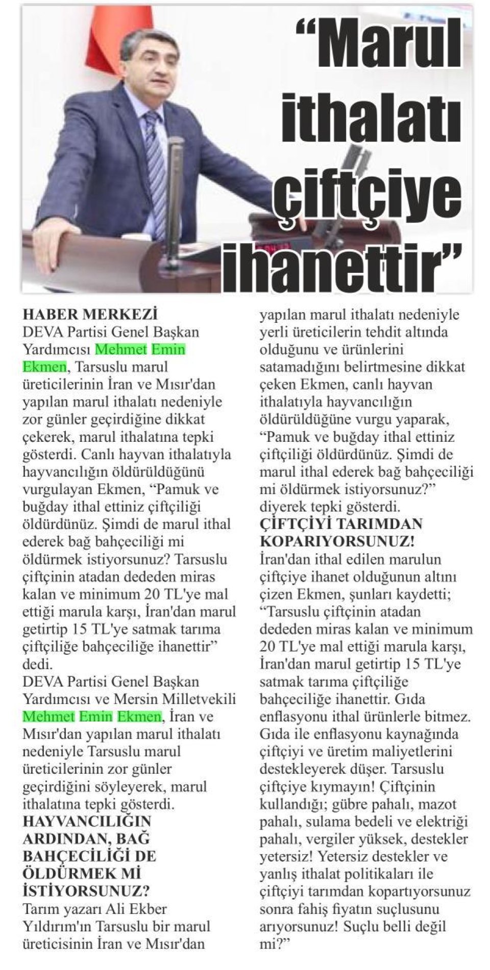 MARUL İTHALATI ÇİFTÇİYE İHANETTİR