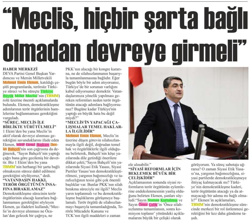MECLİS, HİÇBİR ŞARTA BAĞLI OLMADAN DEVREYE GİRMELİ