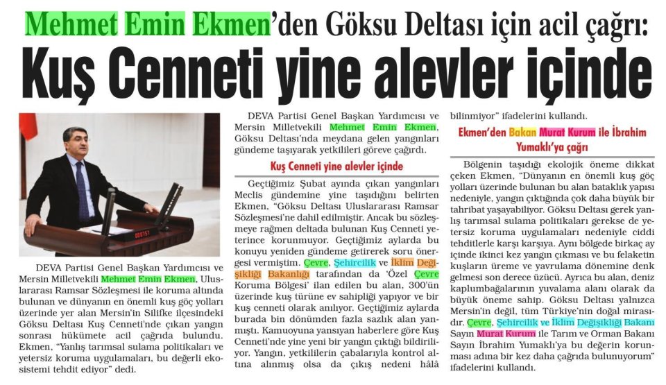 MEHMET EMİN EKMEN'DEN GÖKSU DELTASI İÇİN ACİL ÇAĞRI