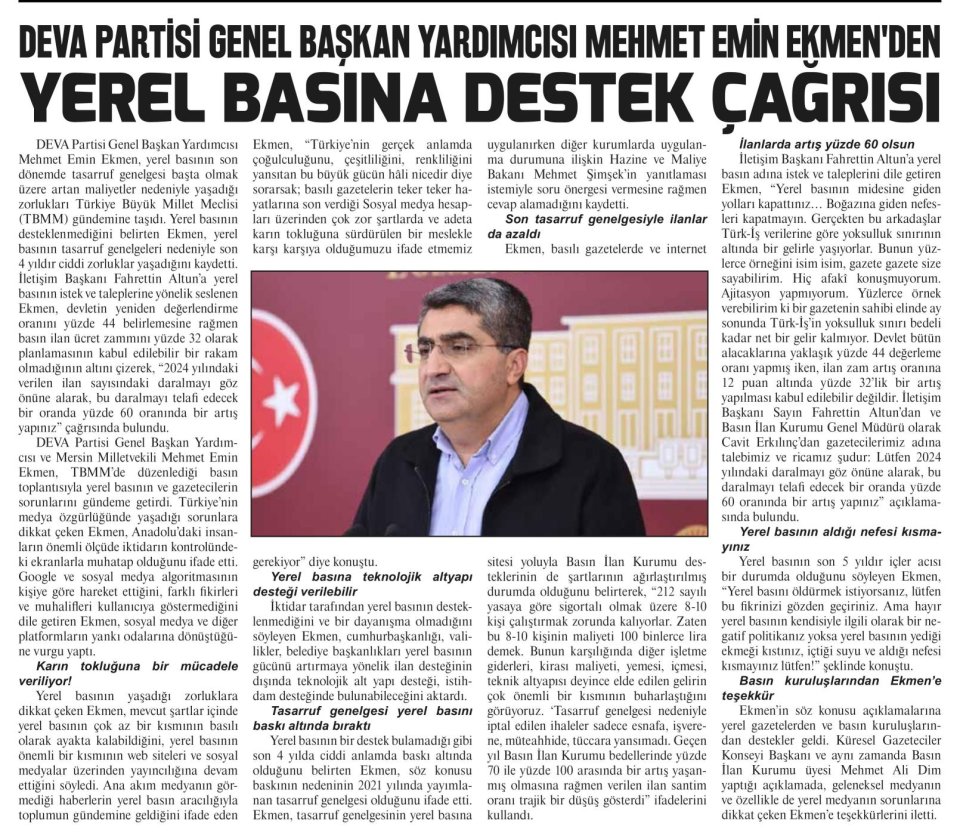 MEHMET EMİN EKMEN'DEN YEREL BASINA DESTEK ÇAĞRISI