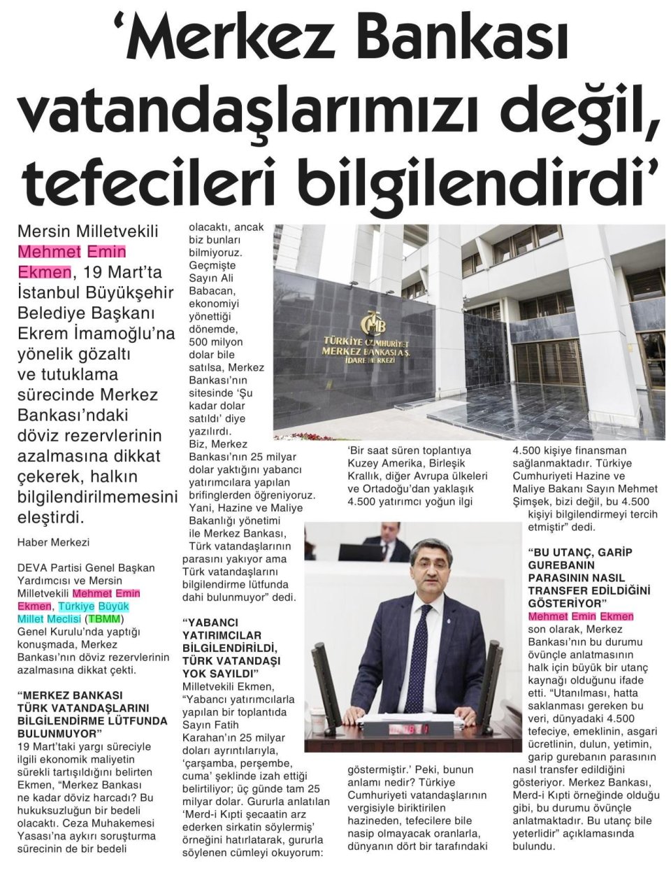 'MERKEZ BANKASI VATANDAŞLARIMIZI DEĞİL, TEFECİLERİ BİLGİLENDİRDİ!