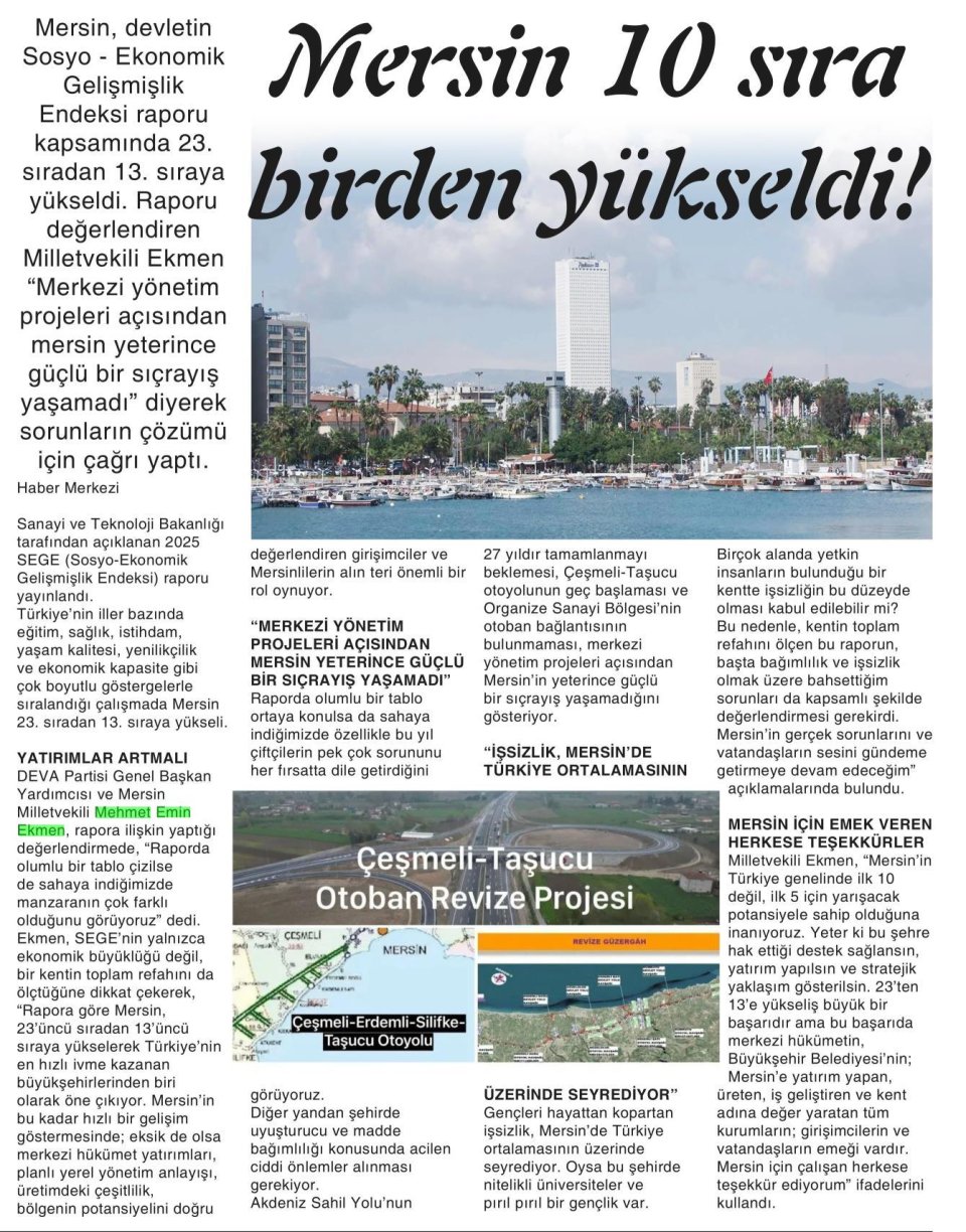 MERSİN 10 SIRA BİRDEN YÜKSELDİ!