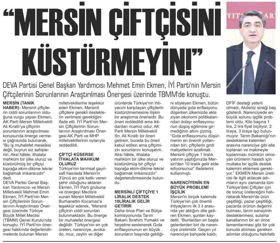 MERSİN ÇİFTÇİSİNİ KÜSTÜRMEYİN