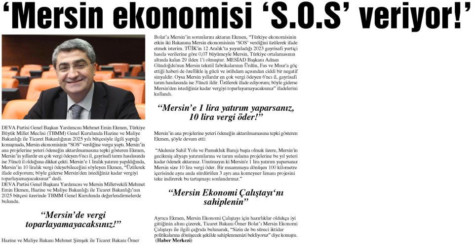 'MERSİN EKONOMİSİ 'S.O.S' VERİYOR!'