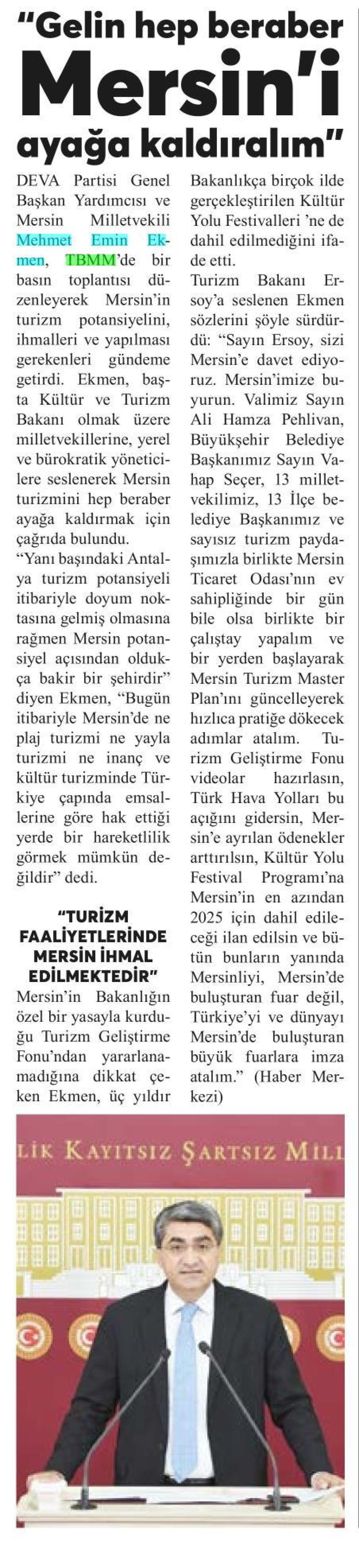 MERSİN İÇİN TURİZM ÇAĞRISI