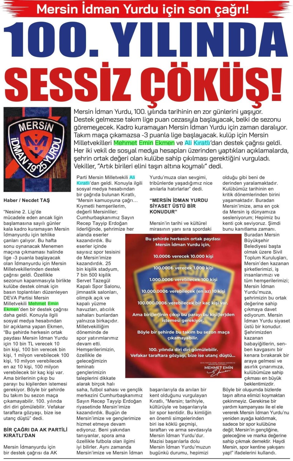 MERSİN İDMAN YURDU İÇİN SON ÇAĞRI!