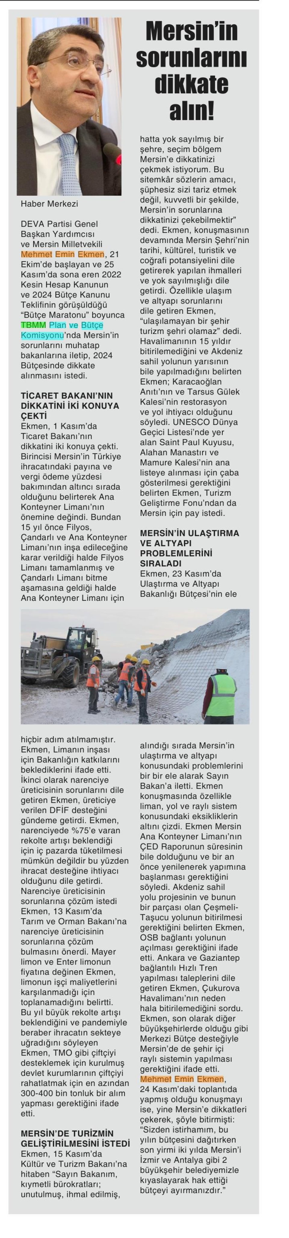 MERSİN'İN SORUNLARINI DİKKATE ALIN!