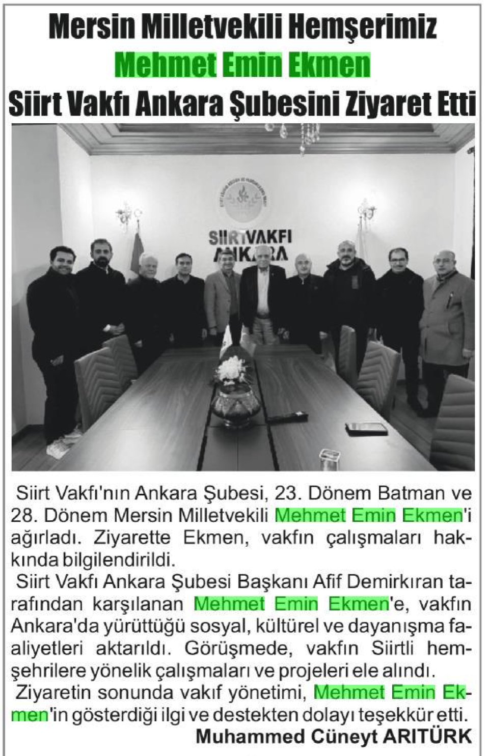 MERSİN MİLLETVEKİLİ HEMŞERİMİZ MEHMET EMİN EKMEN SİİRT VAKFI ANKARA ŞUBESİNİ ZİYARET ETTİ