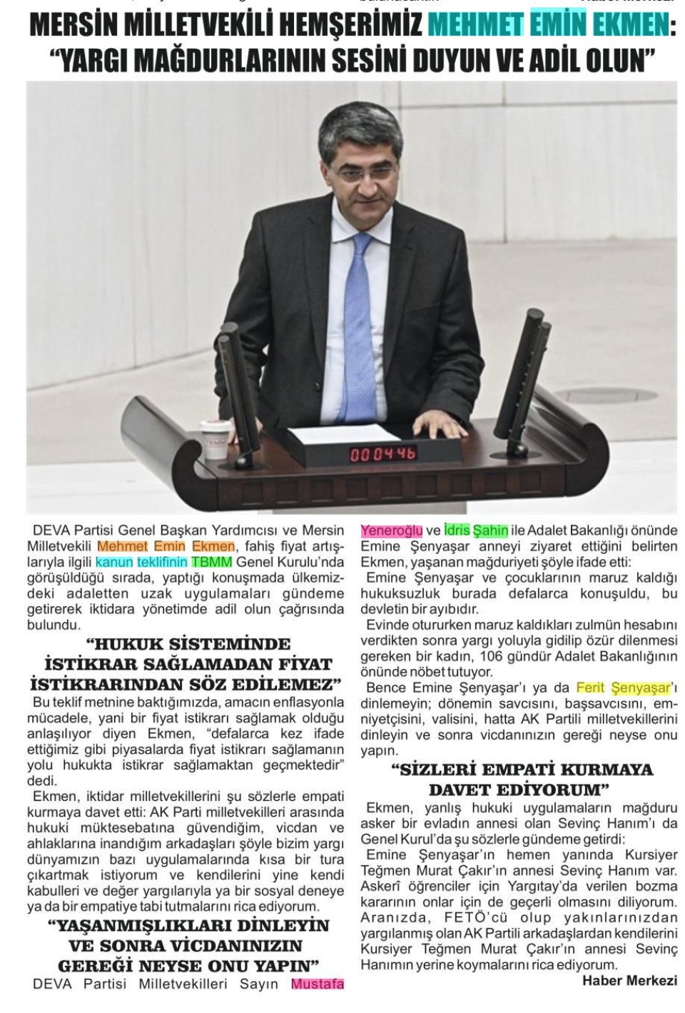 MERSİN MİLLETVEKİLİ HEMŞERİMİZ MEHMET EMİN EKMEN : ''YARGI MAĞDURLARININ SESİNİ DUYUN VE ADİL OLUN'