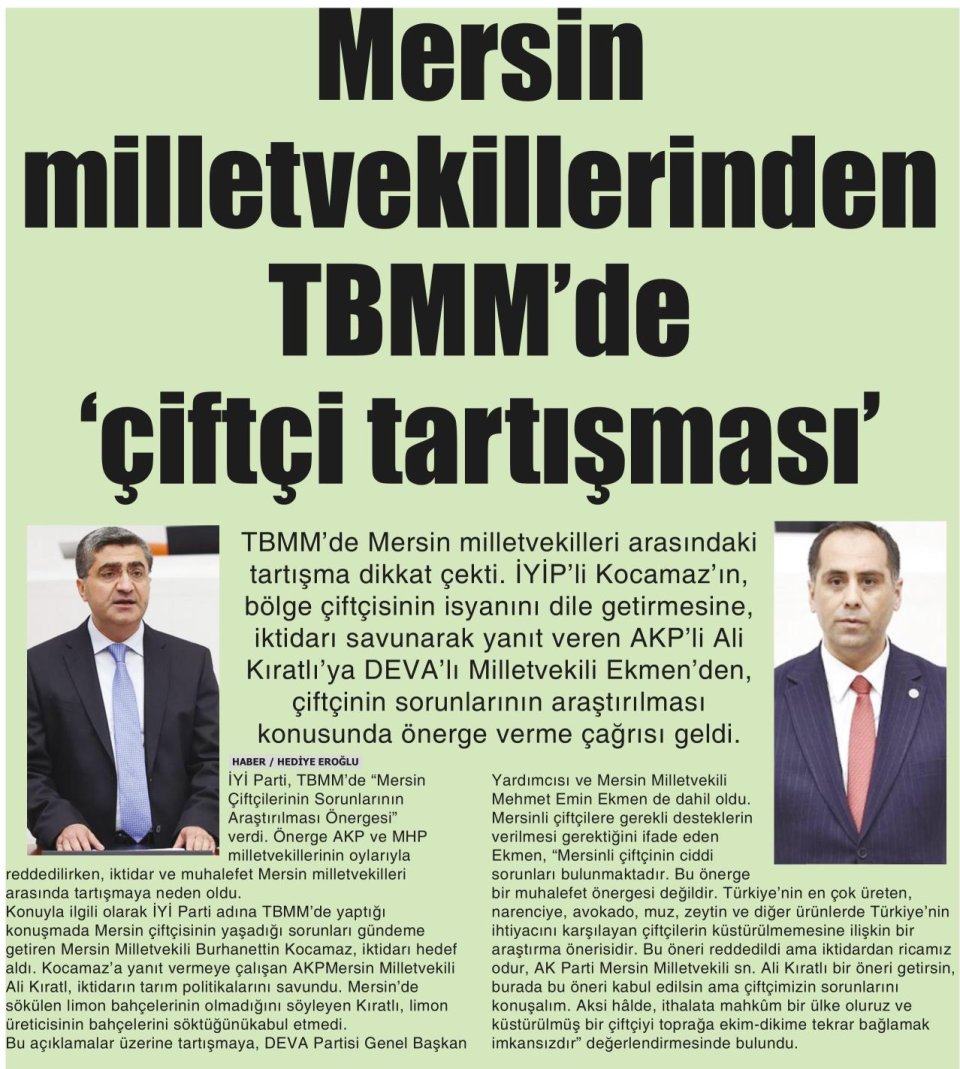 MERSİN MİLLETVEKİLLERİNDEN TBMM DE ÇİFTÇİ TARTIŞMASI