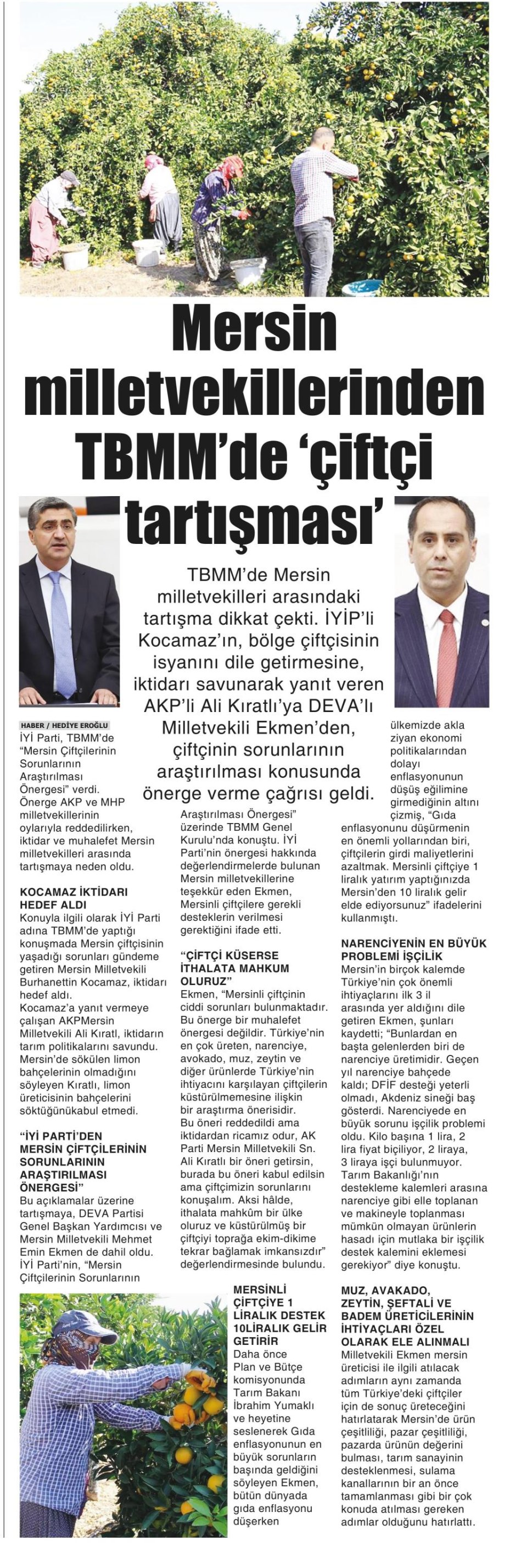 MERSİN MİLLETVEKİLLERİNDEN TBMM'DE 'ÇİFTÇİ TARTIŞMASI'