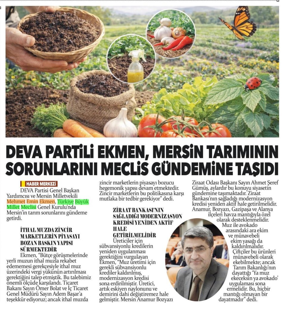 MERSİN TARIMININ SORUNLARINI MECLİS GÜNDEMİNE TAŞIDI
