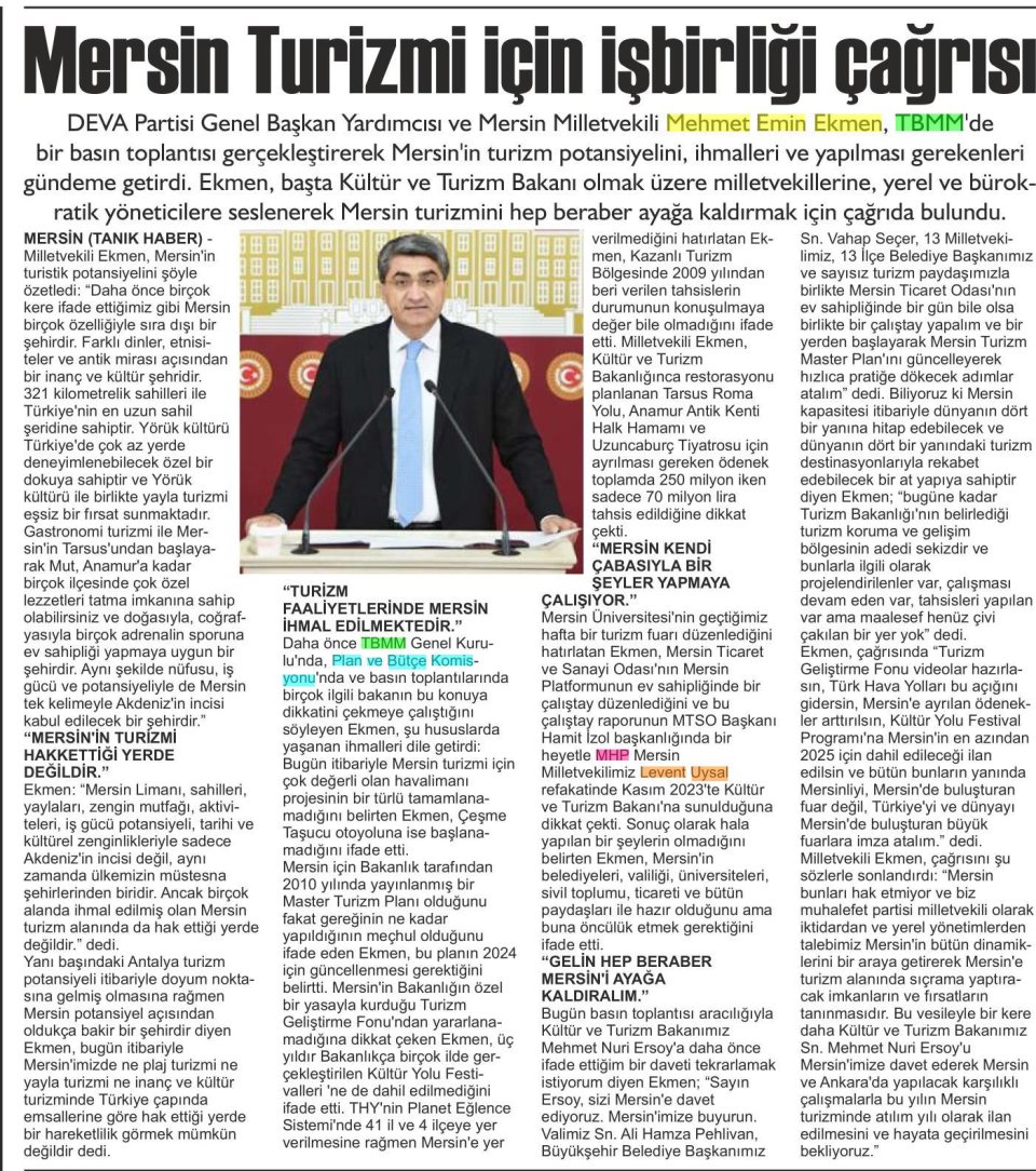 MERSİN TURİZMİ İÇİN İŞBİRLİĞİ ÇAĞRISI