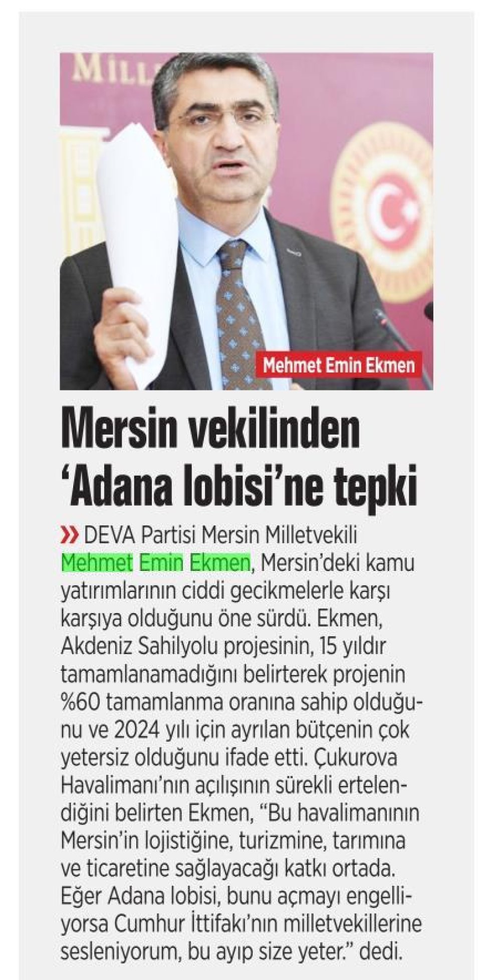 MERSİN VEKİLİNDEN 'ADANA LOBİSİ'NE TEPKİ