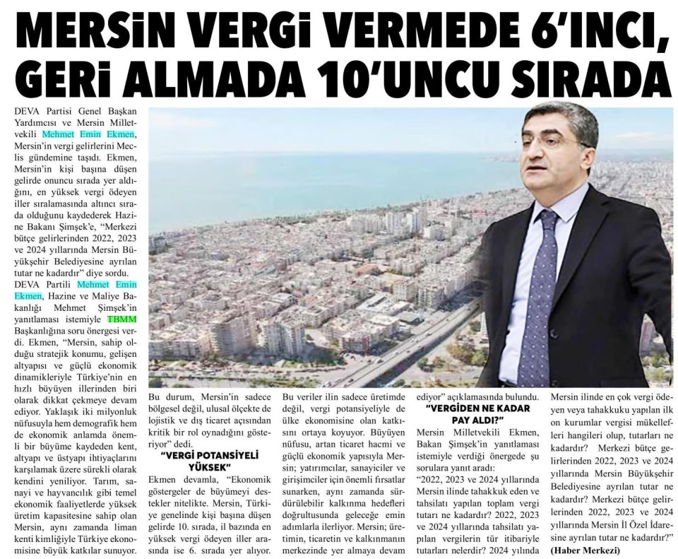 MERSİN VERGİ VERMEDE 6 NCI GERİ ALMADA 10 UNCU SIRADA