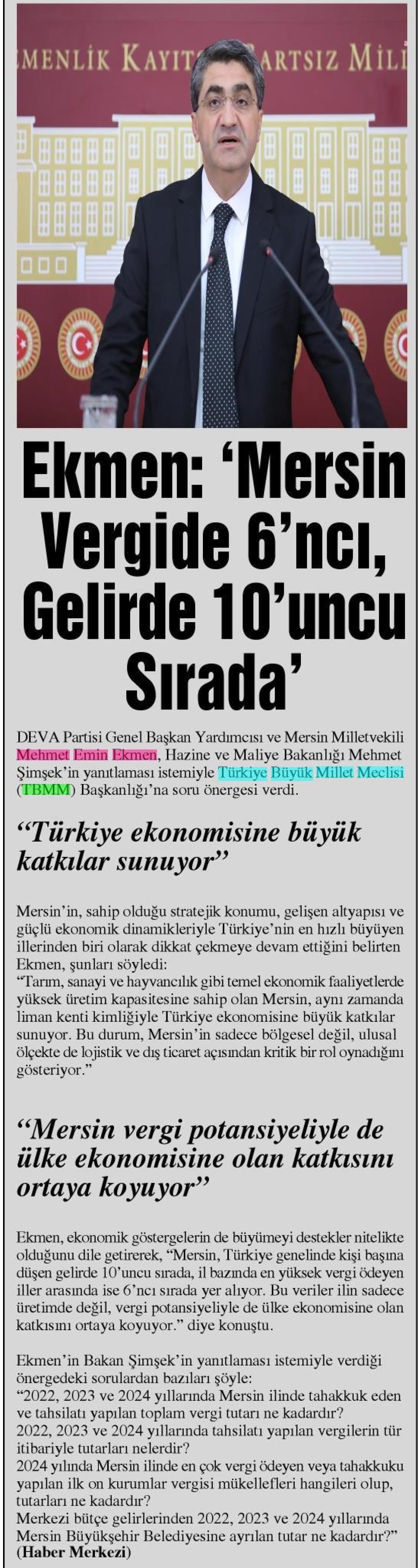 'MERSİN VERGİDE 6'İNCİ GELİRDE 10'UNCU SIRADA!'