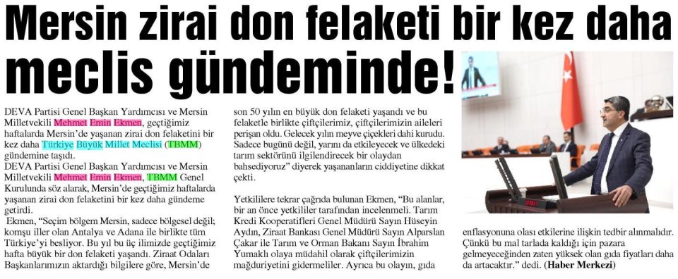 MERSİN ZİRAİ DON FELAKETİ BİR KEZ DAHA MECLİS GÜNDEMİNDE!