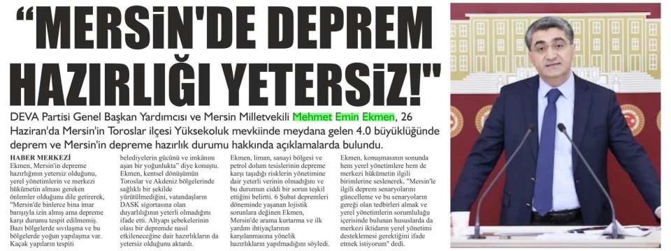 MERSİNDE DEPREM HAZIRLIĞI YETERSİZ!