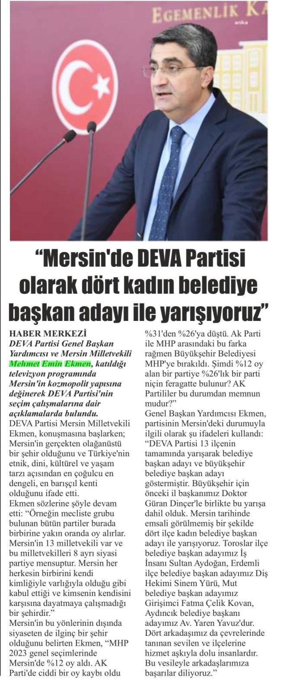 MERSİN'DE DEVA PARTİSİ OLARAK DÖRT KADIN BELEDİYE BAŞKAN ADAYI İLE YARIŞIYORUZ