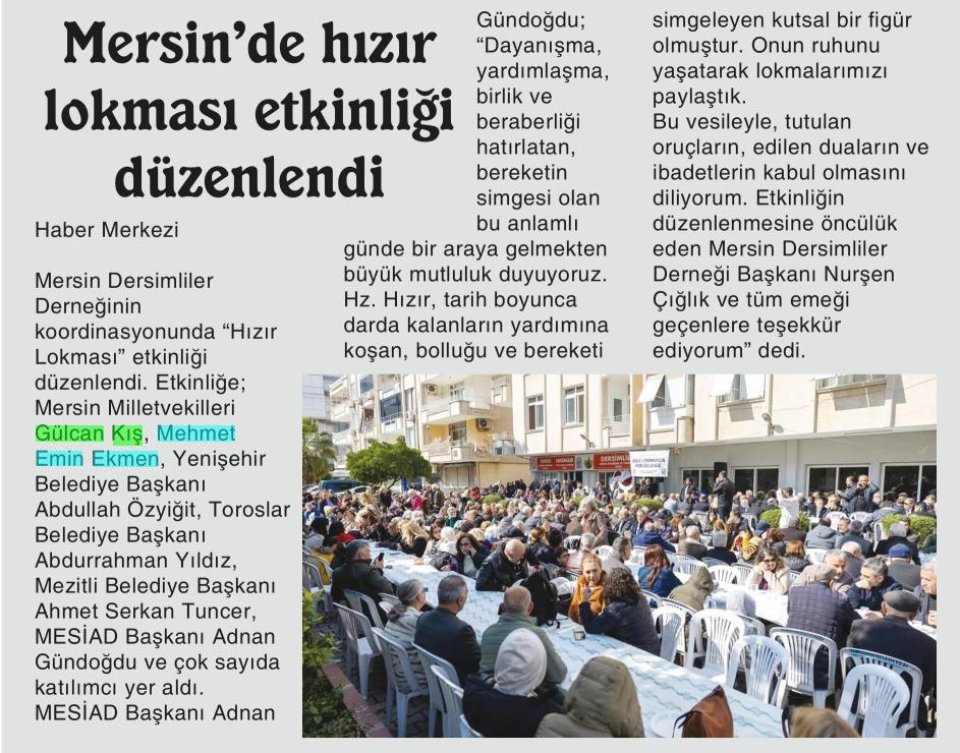 MERSİN'DE HIZIR LOKMASI ETKİNLİĞİ DÜZENLENDİ