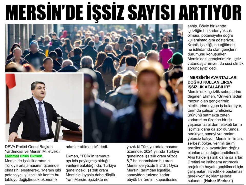 MERSİN'DE İŞSİZ SAYISI ARTIYOR