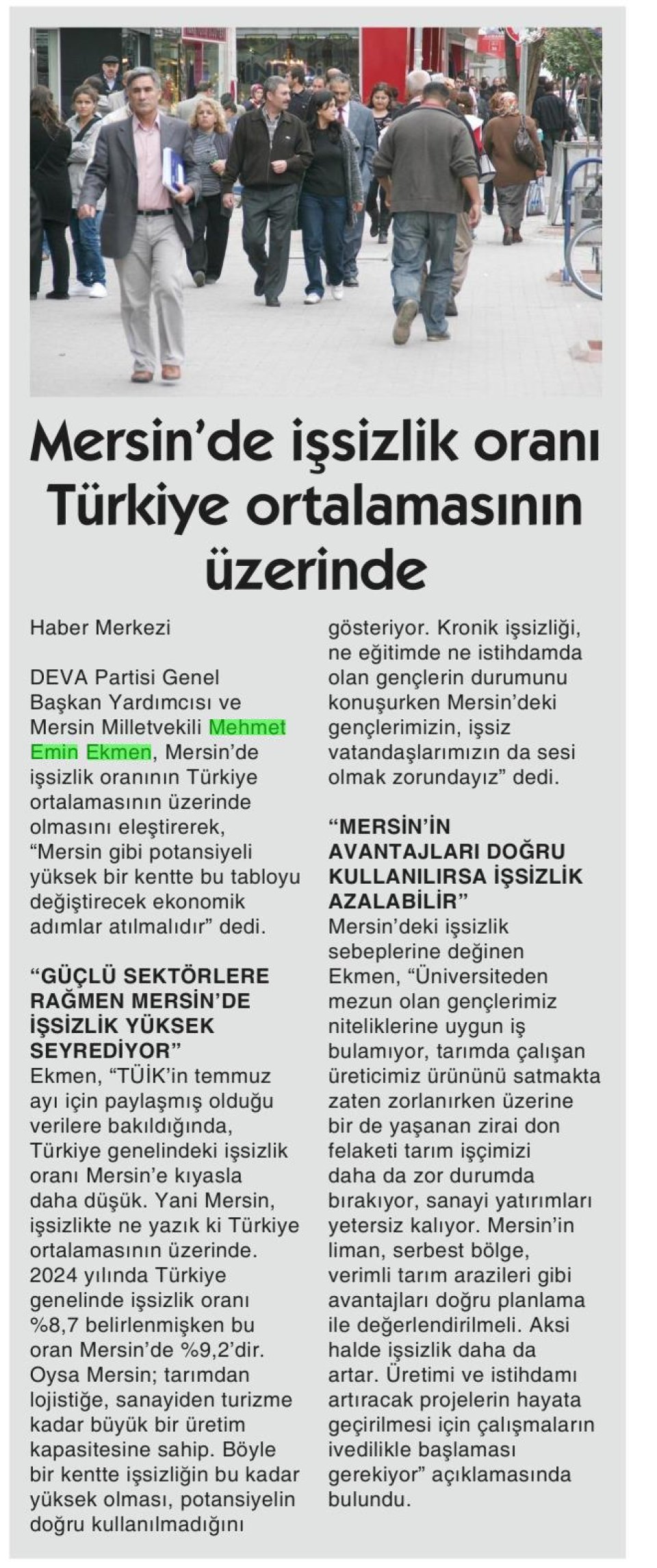  MERSİN'DE İŞSİZLİK ORANI TÜRKİYE ORTALAMASININ ÜZERİNDE