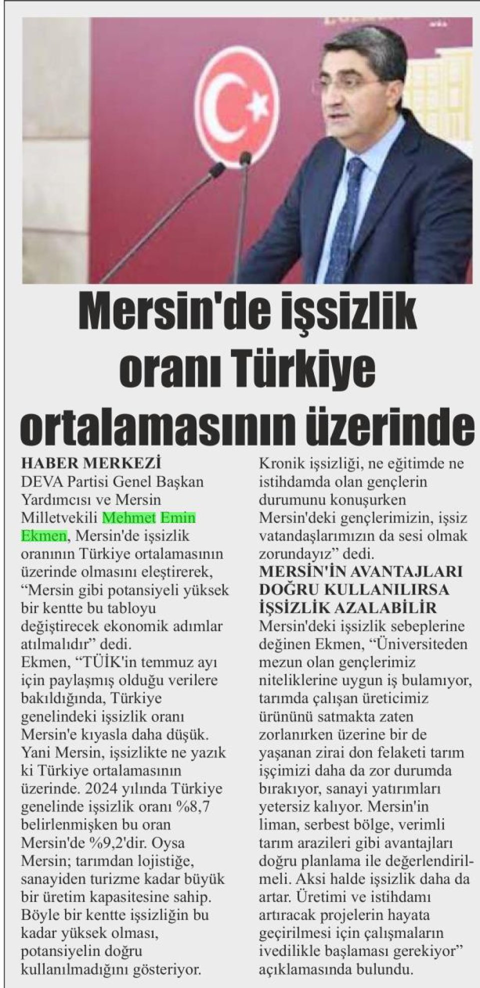 MERSİN'DE İŞSİZLİK ORANI TÜRKİYE ORTALAMASININ ÜZERİNDE