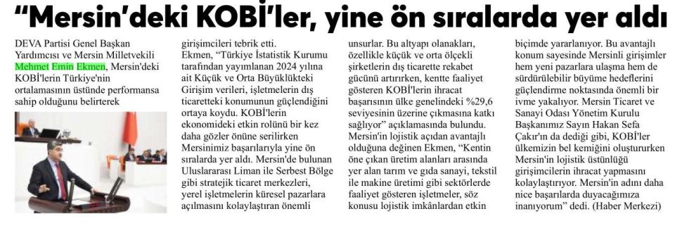 MERSİN'DEKİ KOBİ'LER, YİNE ÖN SIRALARDA YER ALDI