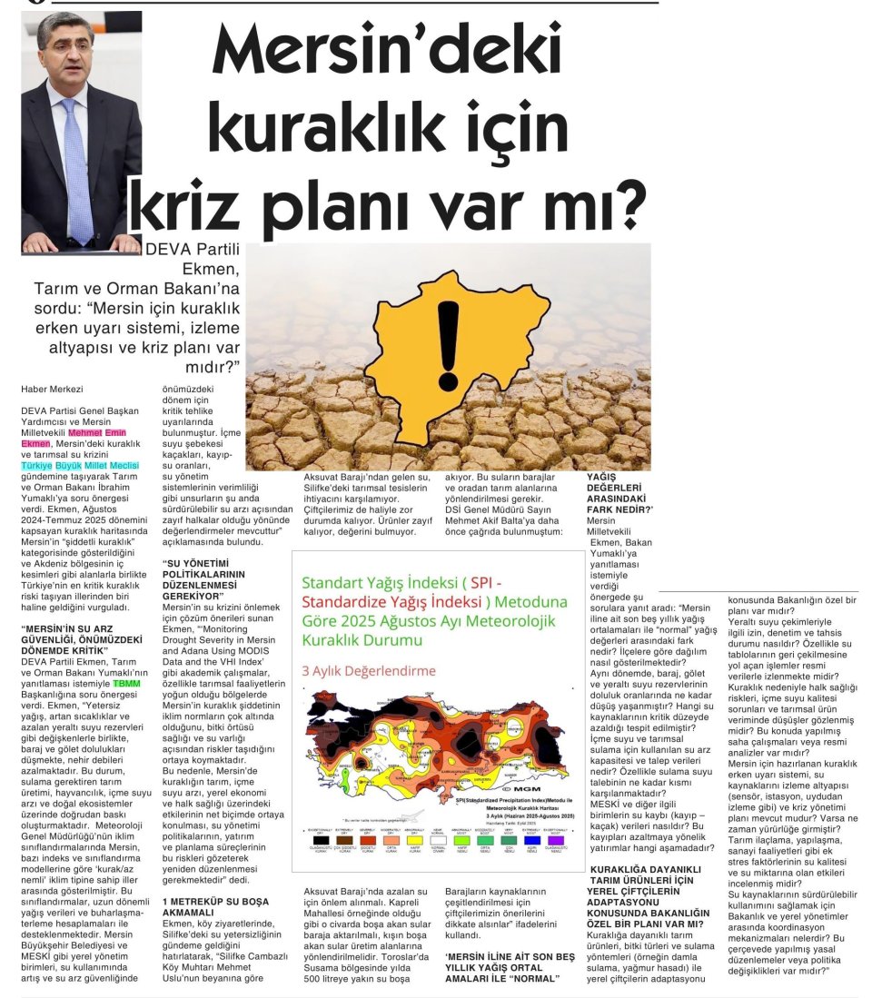 MERSİN'DEKİ KURAKLIK İÇİN KRİZ PLANI VAR MI?