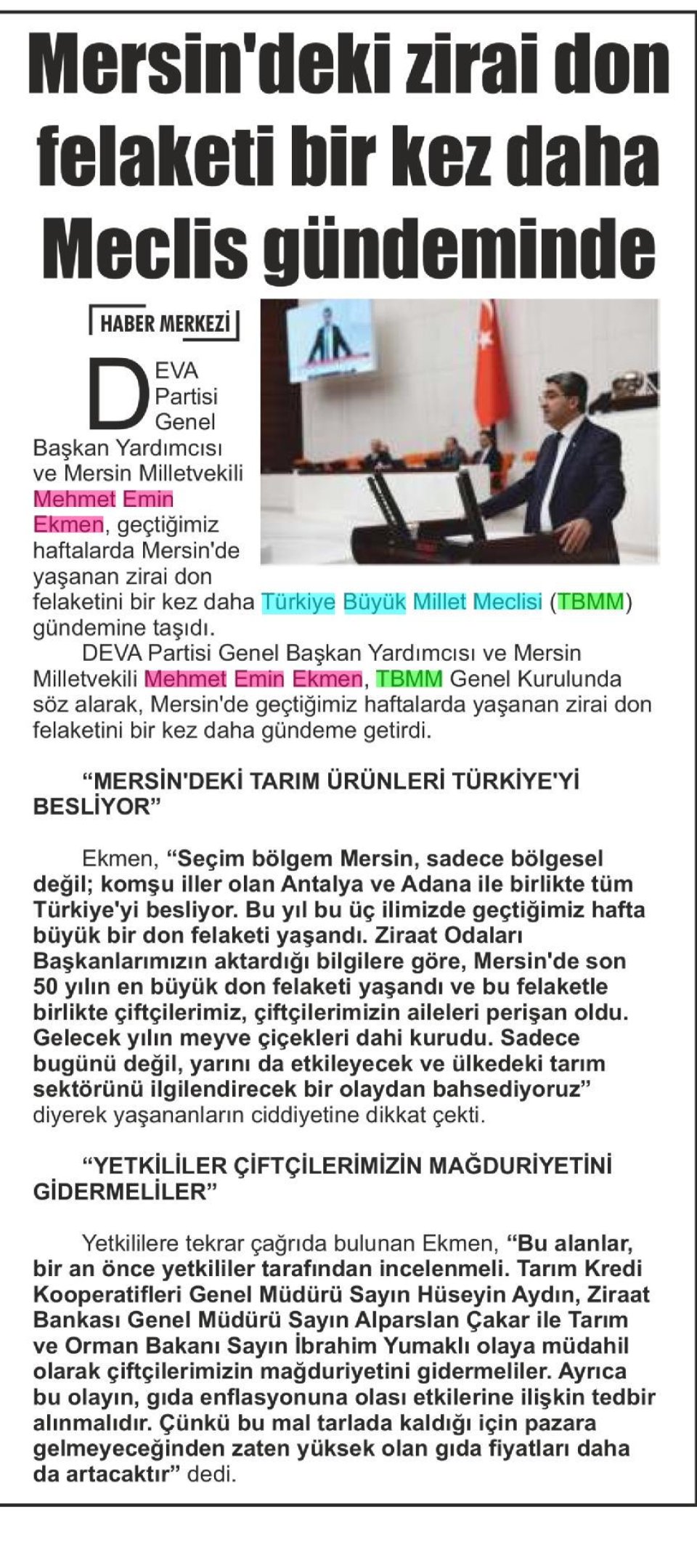 MERSİN'DEKİ ZİRAİ DON FELAKETİ BİR KEZ DAHA MECLİS GÜNDEMİNDE