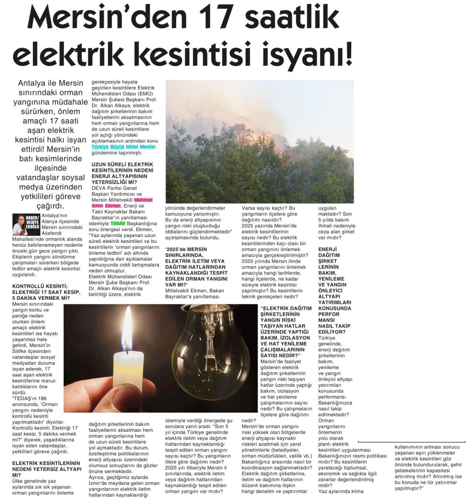 MERSİN'DEN 17 SAATLİK ELEKTRİK KESİNTİSİ İSYANI