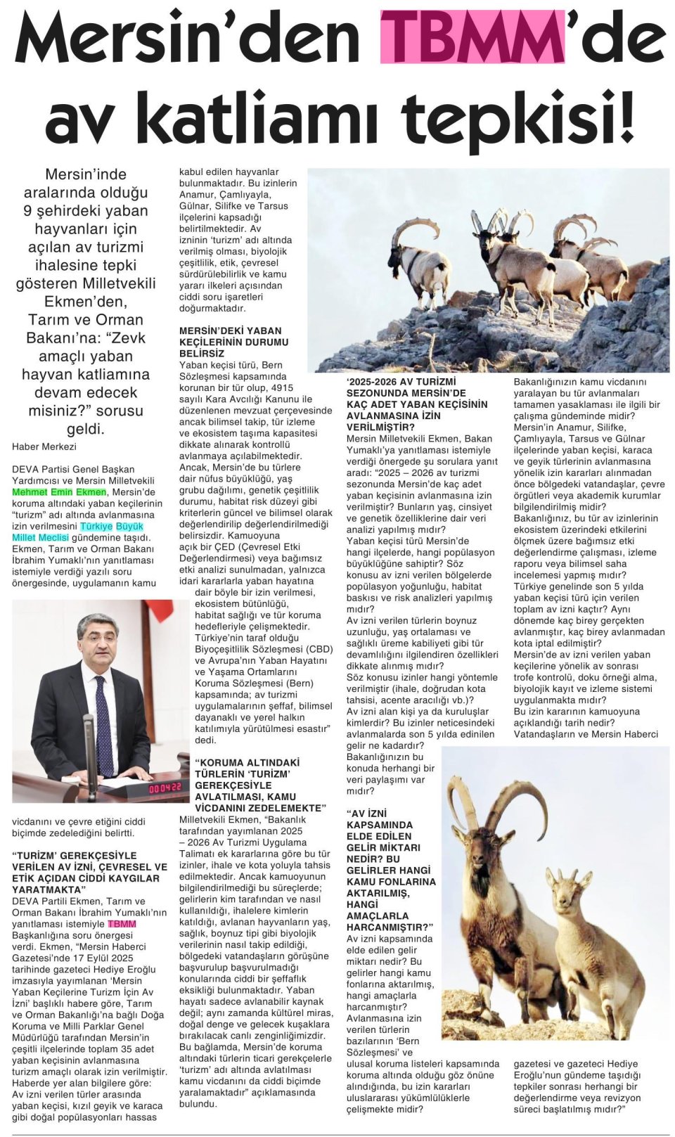 MERSİN'DEN TBMM'DE AV KATLİAMI TEPKİSİ!