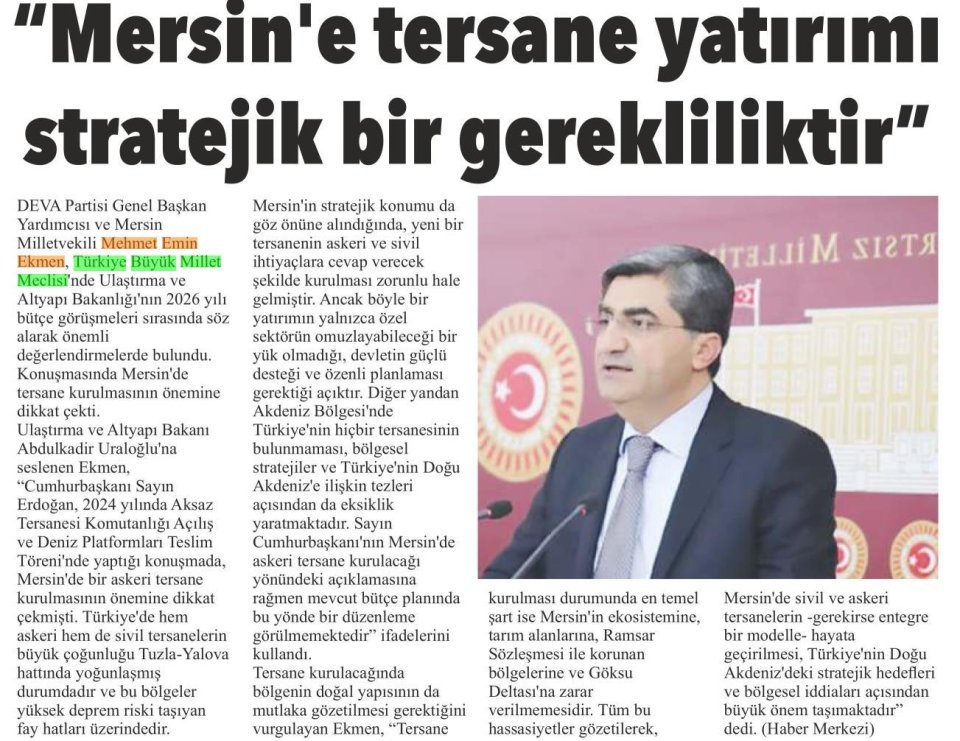 MERSİN'E TERSANE YATIRIMI STRATEJİK BİR GEREKLİLİKTİR