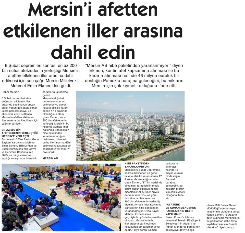 MERSİN'İ AFETTEN ETKİLENEN İLLER ARASINA DAHİL EDİN
