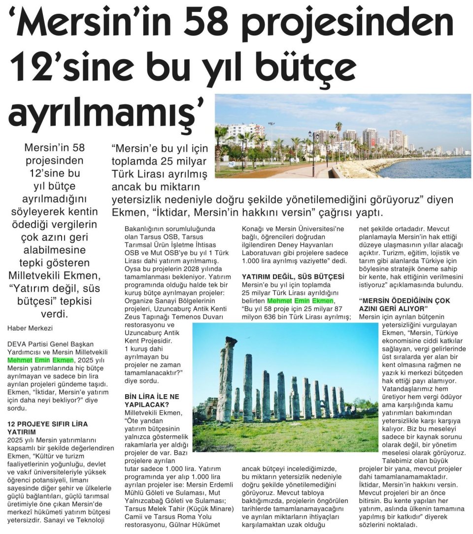 'MERSİN'İN 58 PROJESİNDEN 12'SİNE BU YIL BÜTÇE AYRILMAMIŞ'