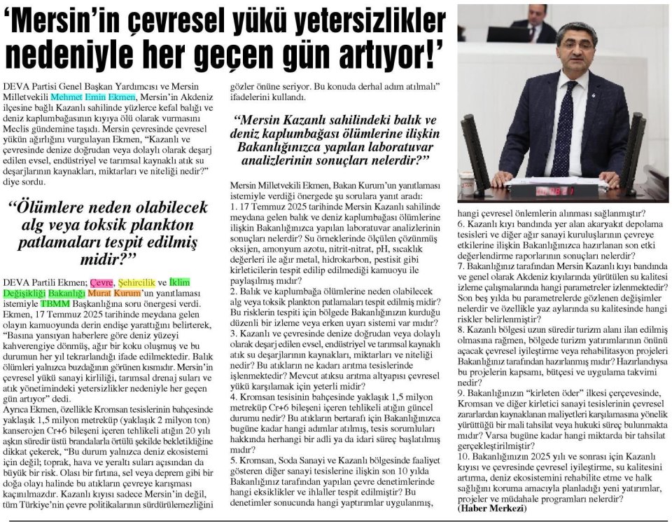 MERSİN'İN ÇEVRESEL YÜKÜ YETERSİZLİKLER NEDENİYLE HER GEÇEN GÜN ARTIYOR!'