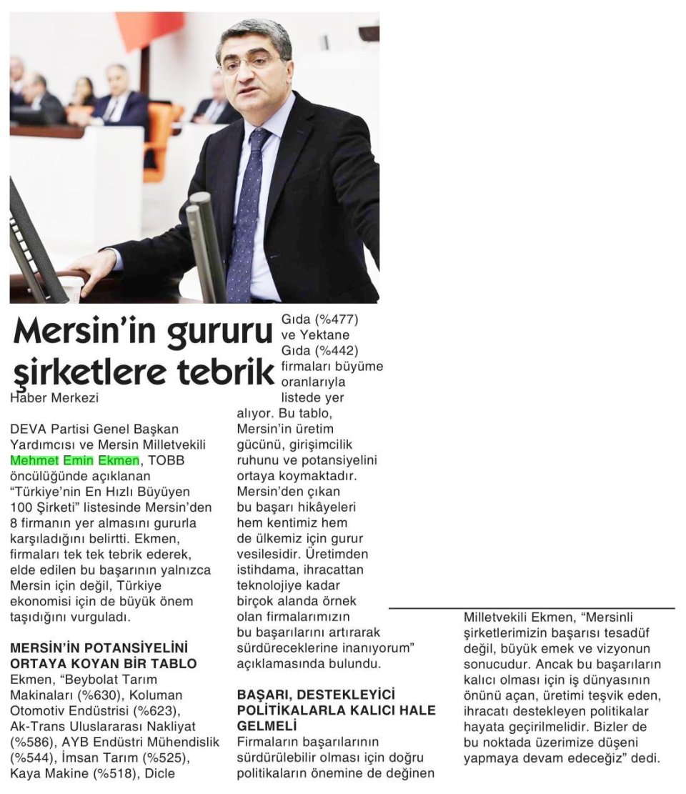 MERSİN'İN GURURU ŞİRKETLERE TEBRİK
