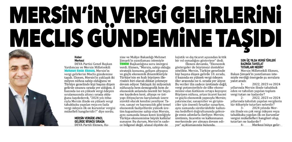 MERSİN'İN VERGİ GELİRLERİNİ MECLİS GÜNDEMİNDE