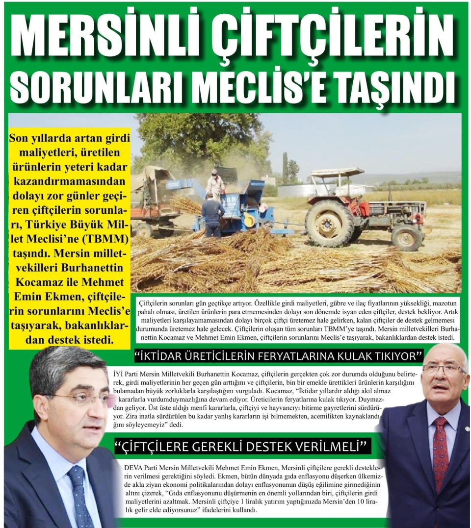 MERSİNLİ ÇİFTÇİLERİN SORUNLARINI MECLIS'E TAŞINDI