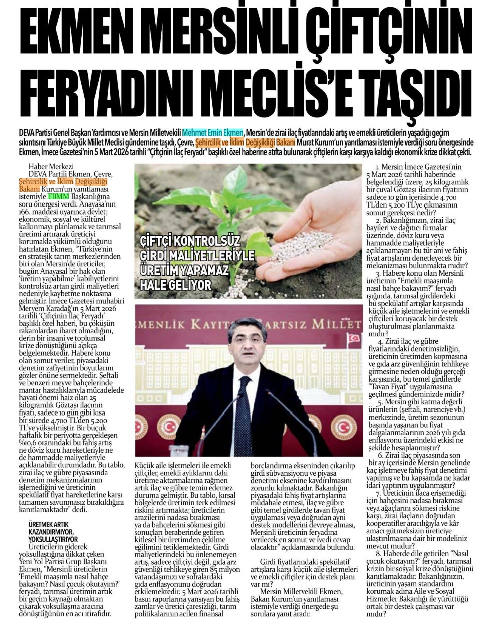 MERSİNLİ ÇİFTÇİNİN FERYADI MECLİSTE