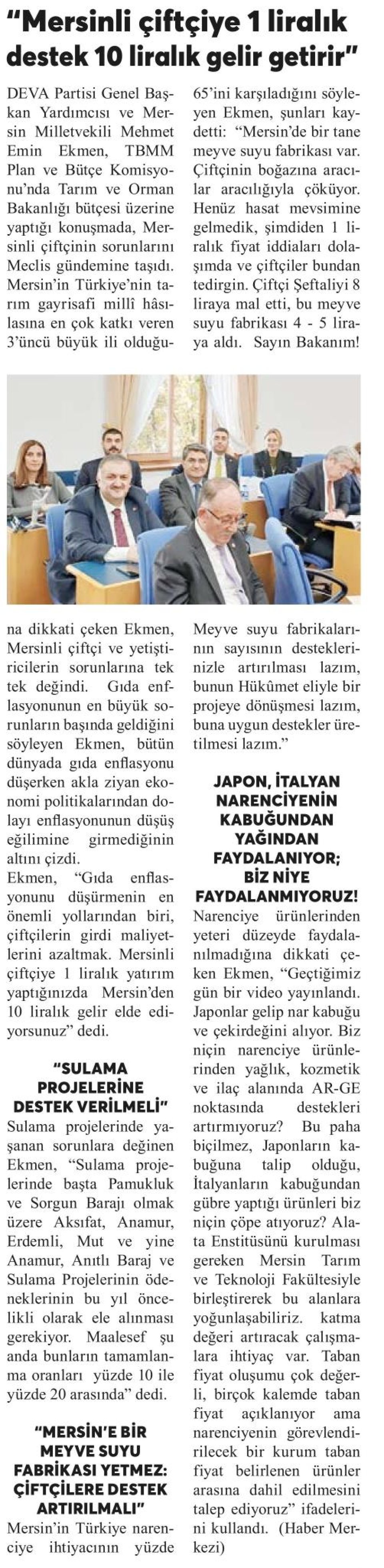 MERSİNLİ ÇİFTÇİYE 1 LİRALIK DESTEK 10 LİRALIK GELİR GETİRİR