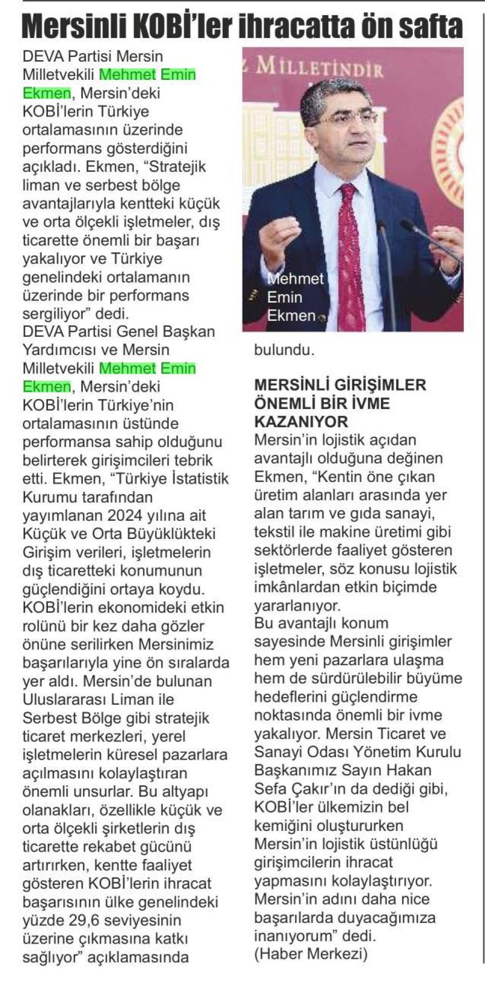  MERSİNLİ KOBİ'LER TÜRKİYE ORTALAMASINI AŞTI