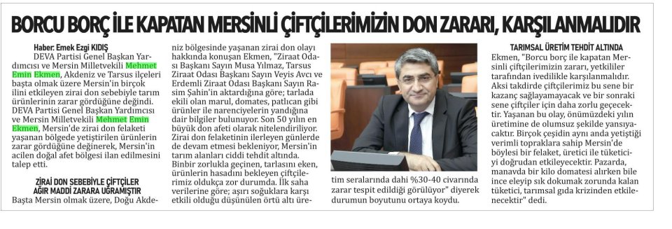 MERSİNLİÇİFTÇİLERİN DON ZARARI, KARŞILANMALIDIR