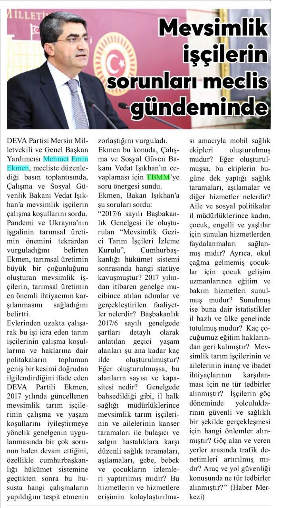 MEVSİMLİK İŞÇİLERİN SORUNLARI MECLİSTE