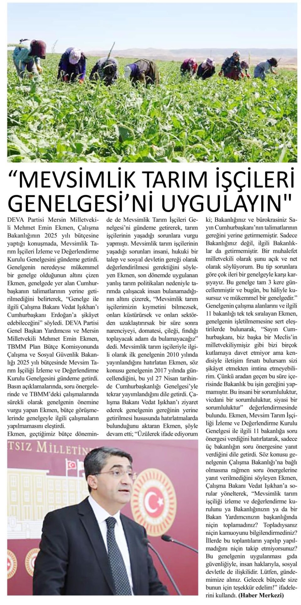''MEVSİMLİK TARIM İŞÇİLERİ GENELGESİ'Nİ UYGULAYIN''