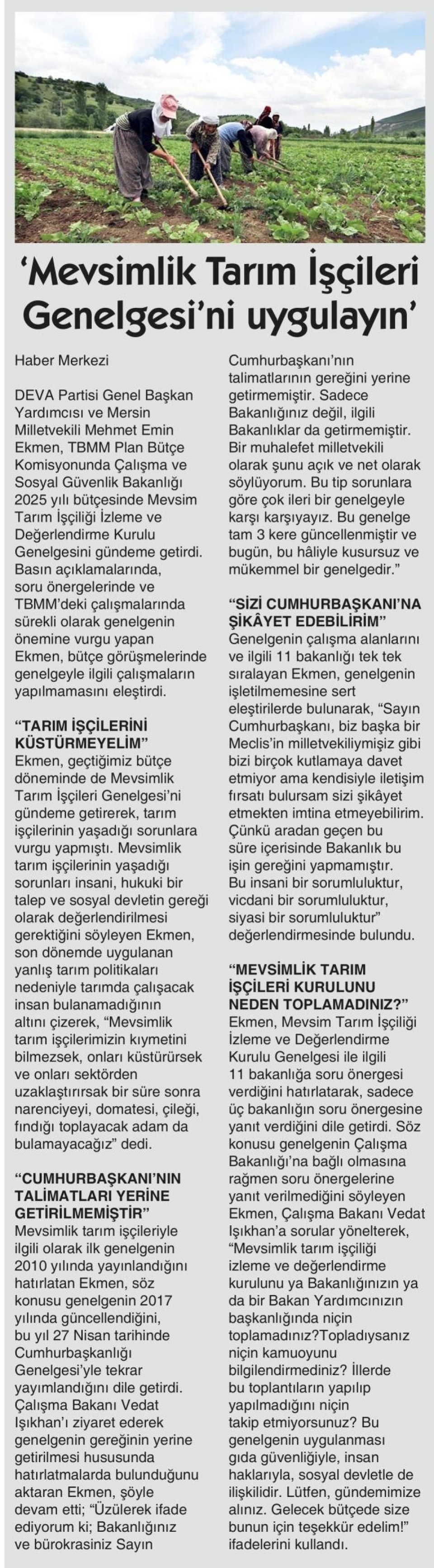 'MEVSİMLİK TARIM İŞÇİLERİ GENELGESİ'Nİ UYGULAYIN'