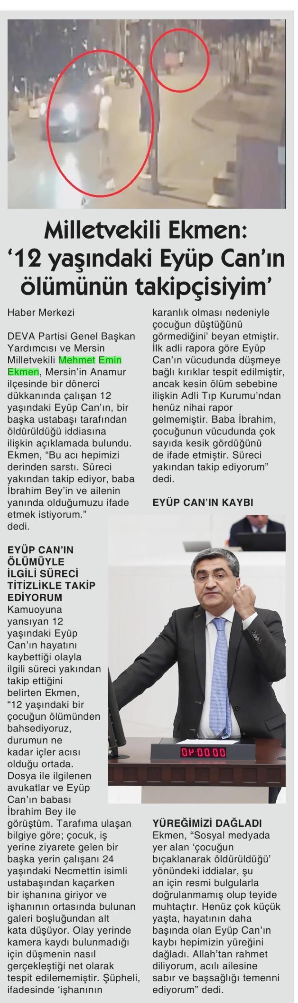 MİLLETVEKİLİ EKMEN: 12 YAŞINDAKİ EYÜP CAN IN ÖLÜMÜNÜN TAKİPÇİSİYİM