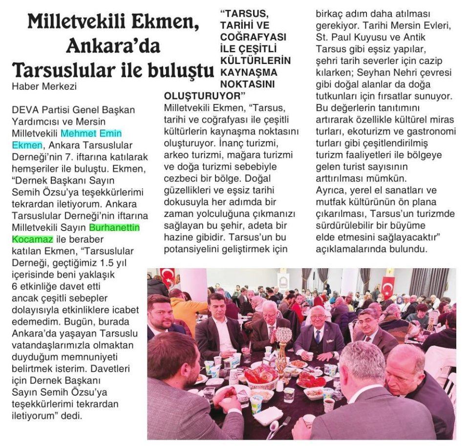  MİLLETVEKİLİ EKMEN, ANKARA'DA TARSUSLULAR İLE BULUŞTU